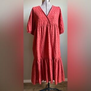 Cotton Elegant cayenne pinky orange Eyelet maxi tiered V-neck Dress summer fall